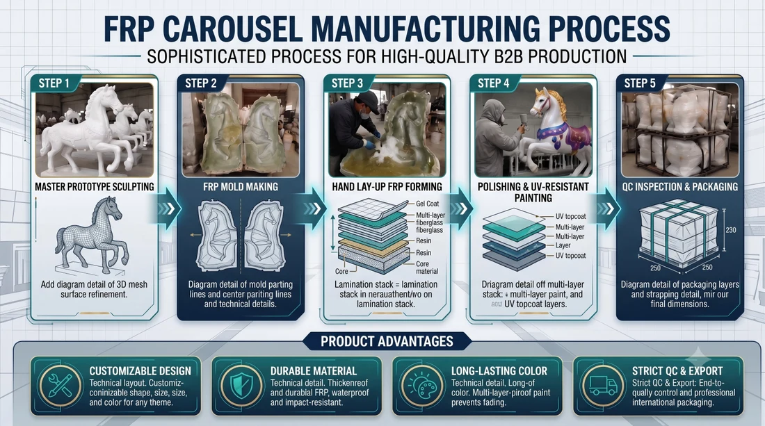The full fiberglass process from sculpt to QC, on one page.