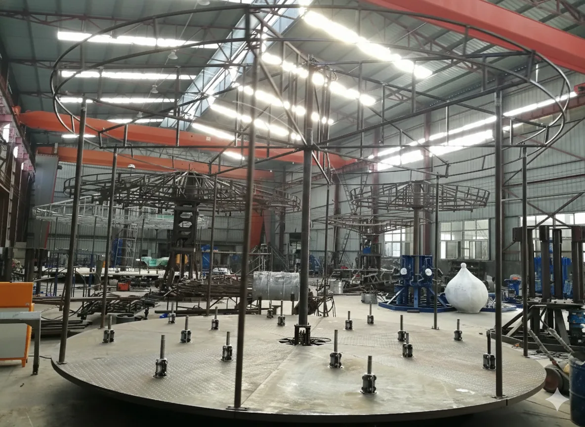 A 16-seat carousel chassis in our Zhengzhou workshop: central drive column, platform ring and upper frame before the fiberglass goes on.