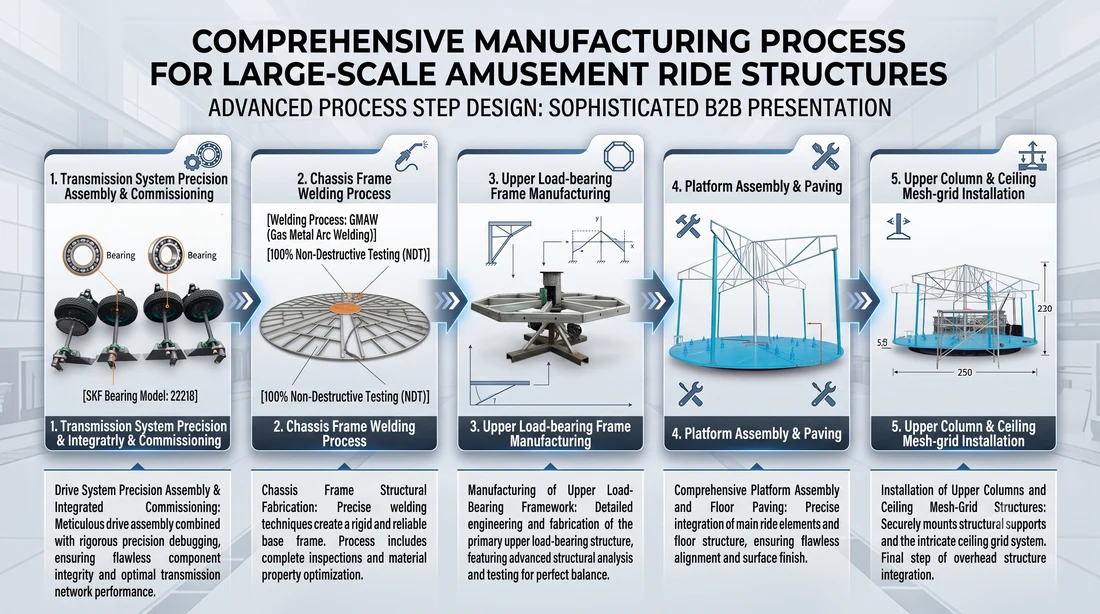 From transmission assembly to ceiling grid: the five structural stages of a large carousel build.