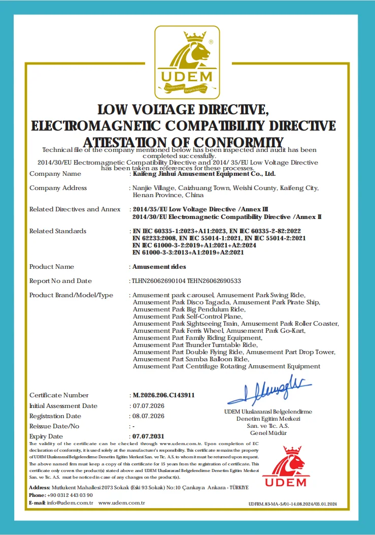 LVD & EMC Attestation of Conformity — Amusement Rides (UDEM) — XL Amusement Ride amusement ride manufacturer certificate